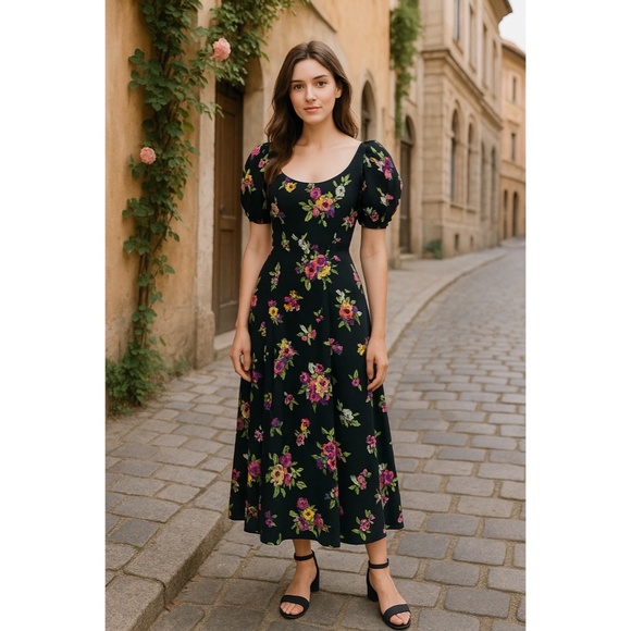 Vintage BETSEY JOHNSON for Lew Magram 90’s Black Floral Midi Dress Scoop Medium - Picture 1 of 13
